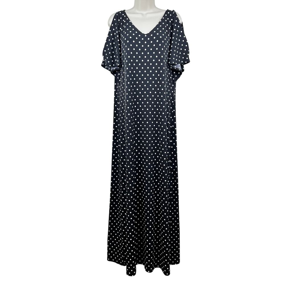 NEW Chico's Maxi Dress Polka Dot Liquid Knit Short Sleeve Black Chico's 1 US M